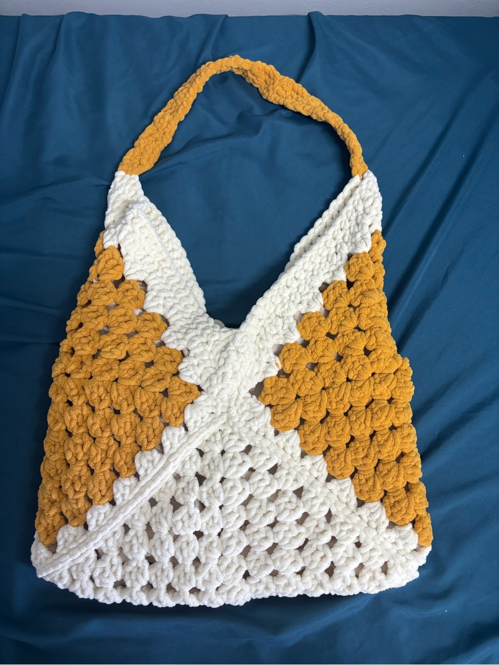 Handmade Crochet Two-Tone Mustard and Cream Shoulder Bag